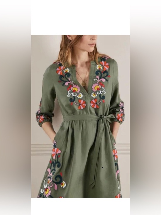 Boden Dresses & Skirts - Boden Women’s Alder Green Linen Dress with Embroidered Floral Accents 10